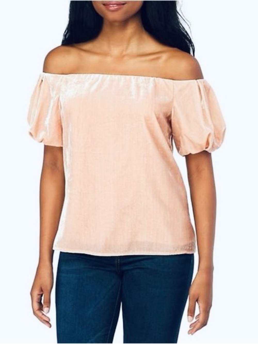 WAYF Blush Pink Velvet Off-Shoulder Puff Sleeve Top Blouse - Picture 15 of 15
